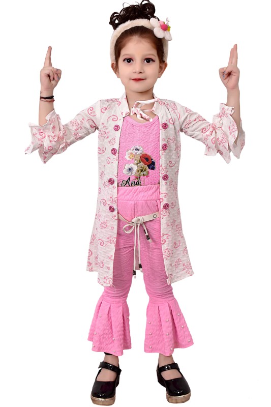 Girl's Cotton Blend Shurg With Top & Bottom Set Pack Of 1 ( Pink )