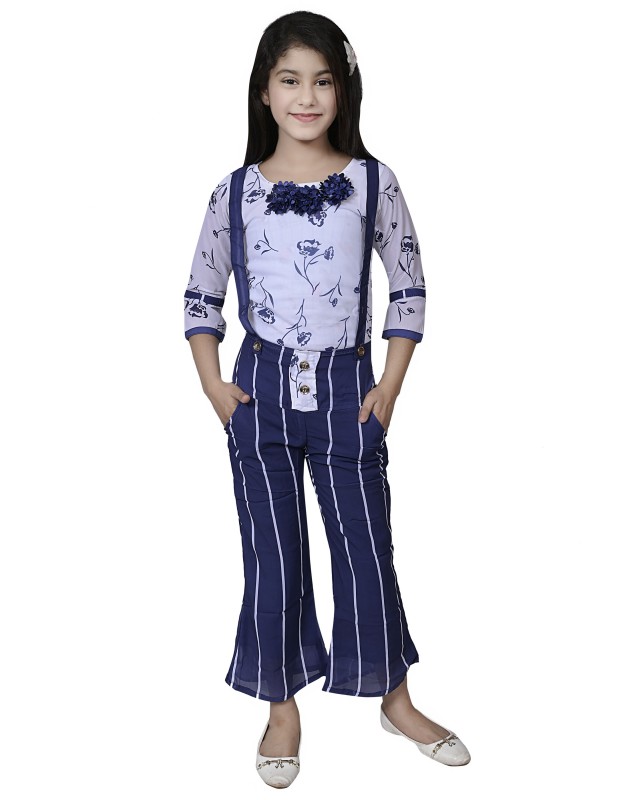 Girl's Cotton Blend Floral Print Dungarees Set ( Dark Blue )