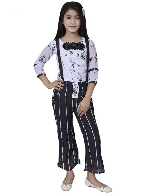 Girl's Cotton Blend Floral Print Dungarees Set ( Black )