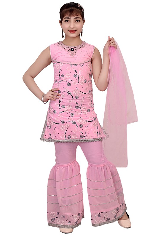 Girl's Silk Blend Kurti with Sharara and Dupatta Set Pack Of 1 ( Pink )