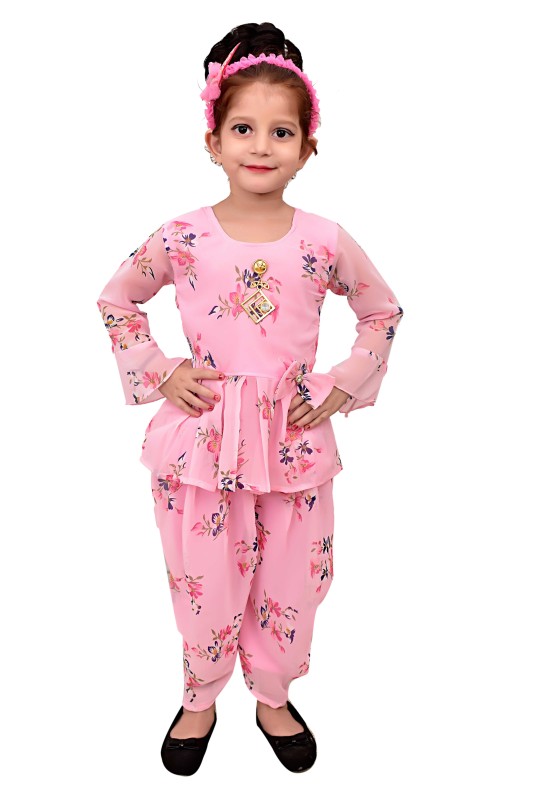 Girls Floral Print Casual Chiffon Kurta And Dhoti Set Pack Of 1 ( Pink )