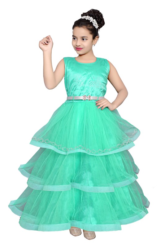 Girl's Net Frill Long Maxi Gown Dress Pack Of 1 ( Light Green )