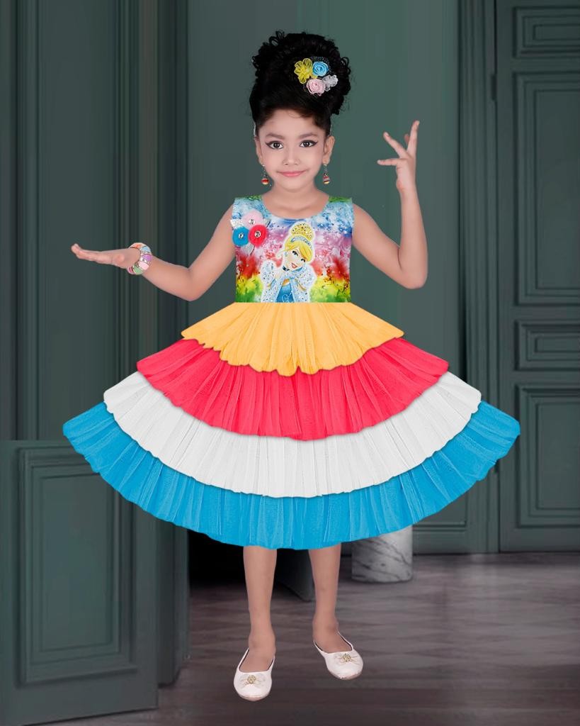 Girl's Barbie Print Knee Length Soft Net Frocks