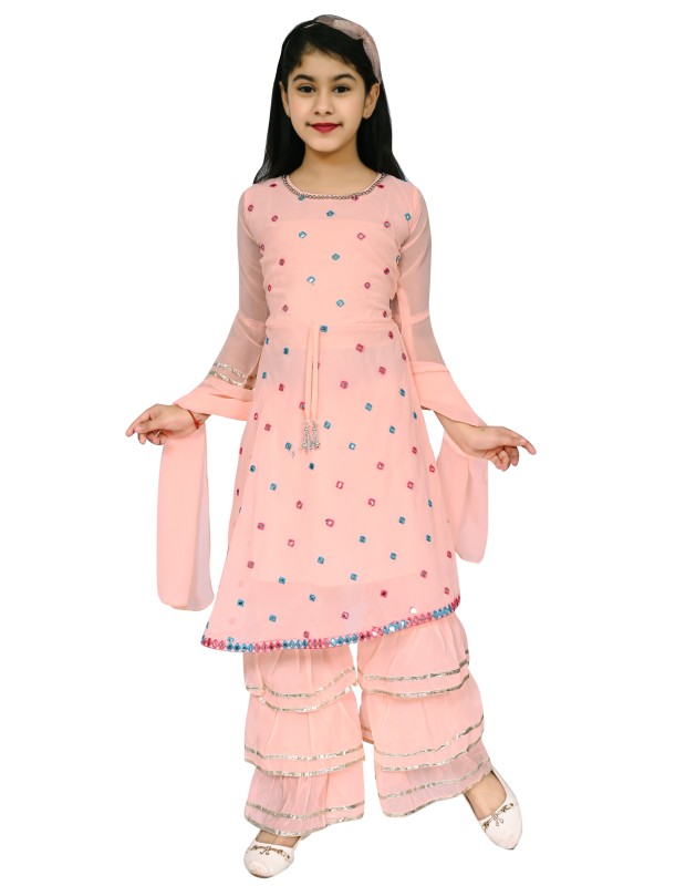 Girl's Georgette Mirror Work Kurtis And Palazzo Set Pack Of  1 ( Peach )