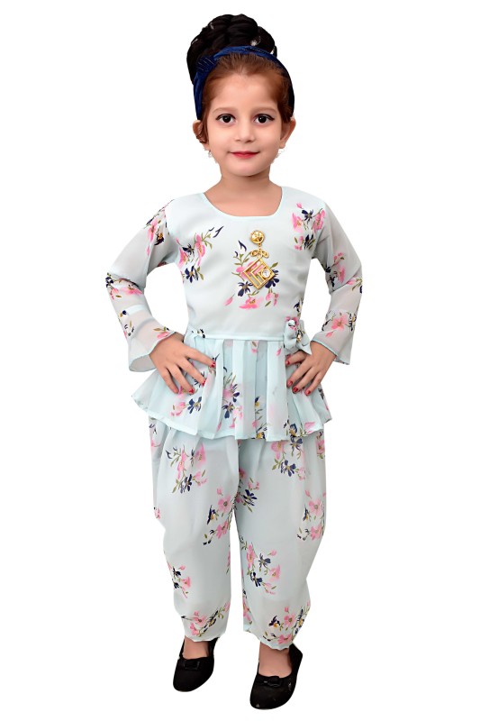 Girls Floral Print Casual Chiffon Kurta And Dhoti Set Pack Of 1 ( Light Green )