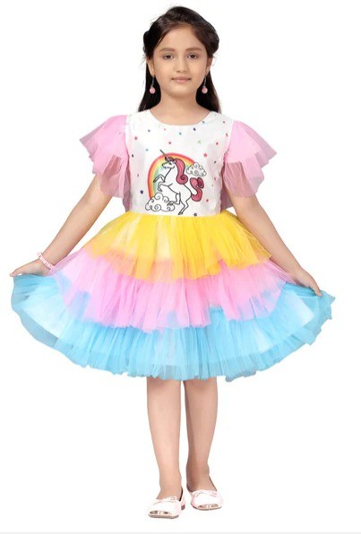 Girl's Unicorn Print Knee Length Soft Net Frocks