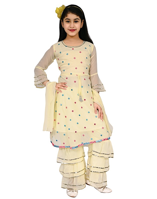 Girl's Georgette Mirror Work Kurtis And Palazzo Set Pack Of  1 ( Yellow )