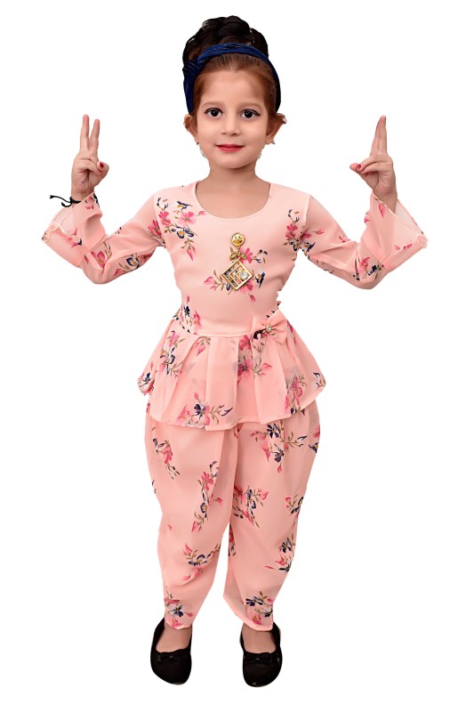 Girls Floral Print Casual Chiffon Kurta And Dhoti Set Pack Of 1 ( Peach )