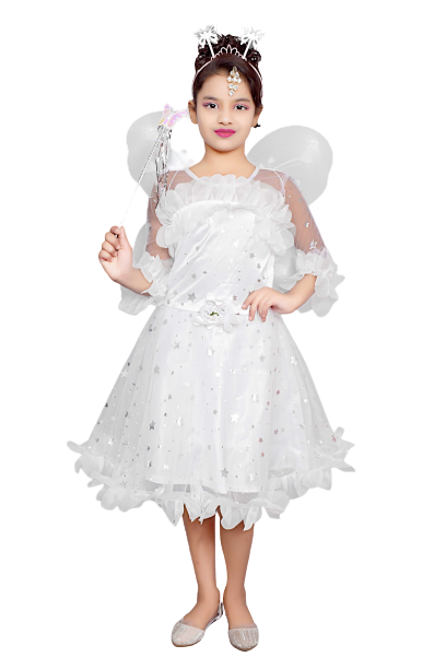 Girl's Star Print Knee Length Angel Frocks Inside Of Pack Wings , Stick And Hairband Pack Of 1 ( White)