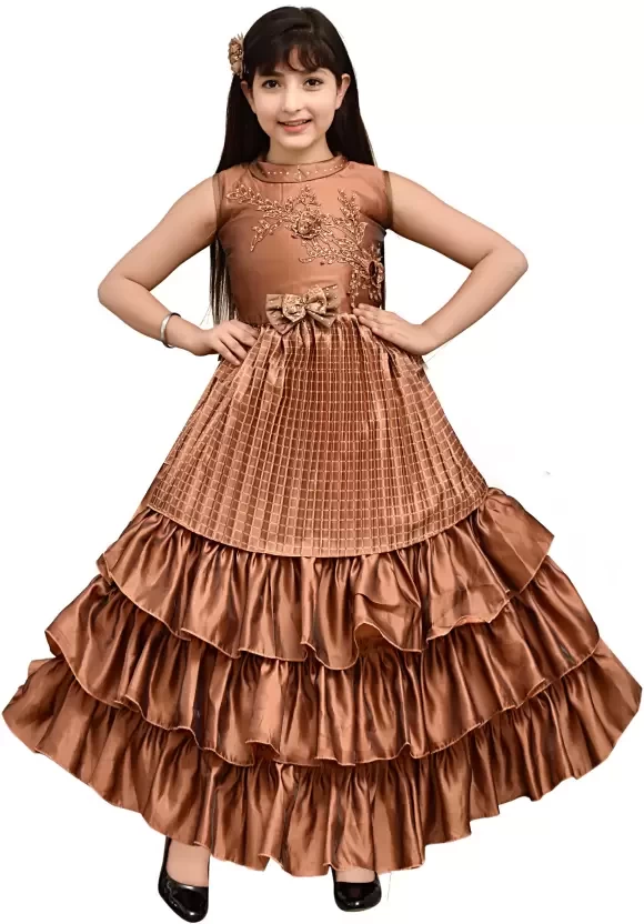 Girl's Long Floor Length Silk Satin Frill Gown Dress Pack Of 1 ( Brown )