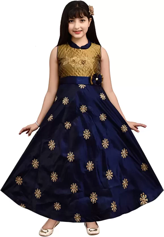Girl's Silk Satin Embroidery Work Long Gown Dress ( Blue )
