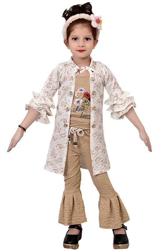 Girl's Cotton Blend Shurg With Top & Bottom Set Pack Of 1 ( Brown )