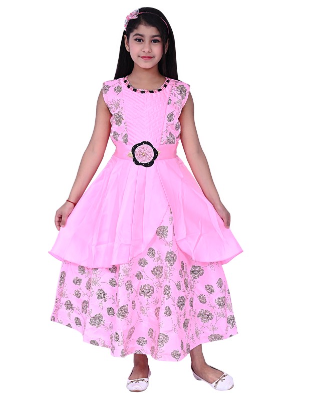 Girl's Printed Long Maxi Gown Dress Pack Of 1 ( Pink )