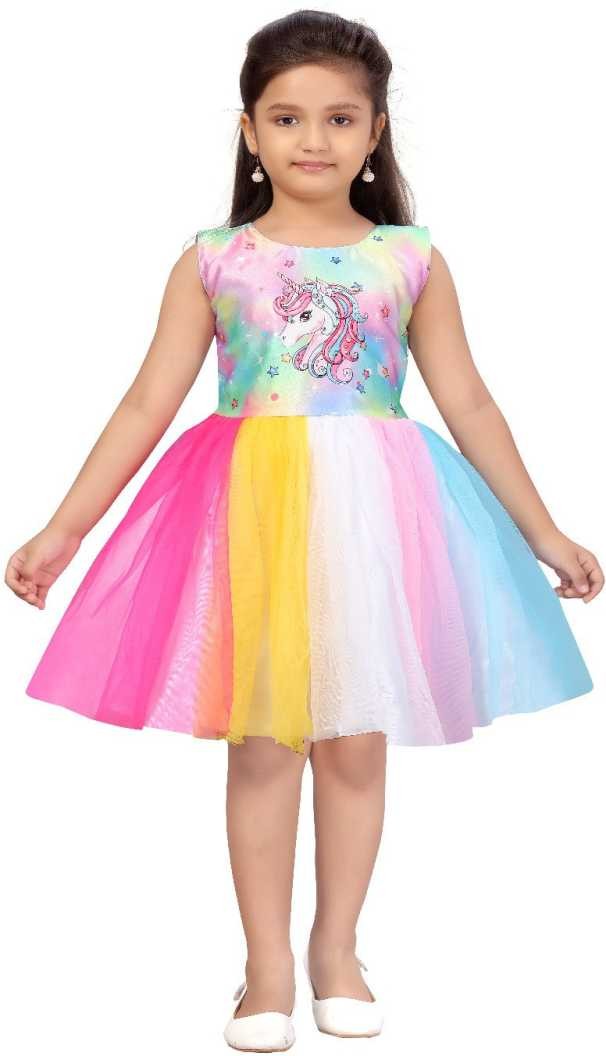 Girl's Unicorn Print Knee Length Soft Net Frocks