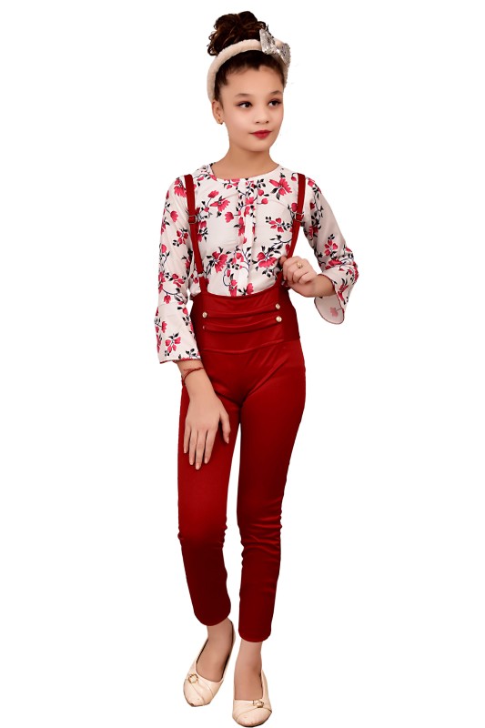 Girl's Casual Wear Floral Print Dungaree Set Pack Of 1 ( Red )