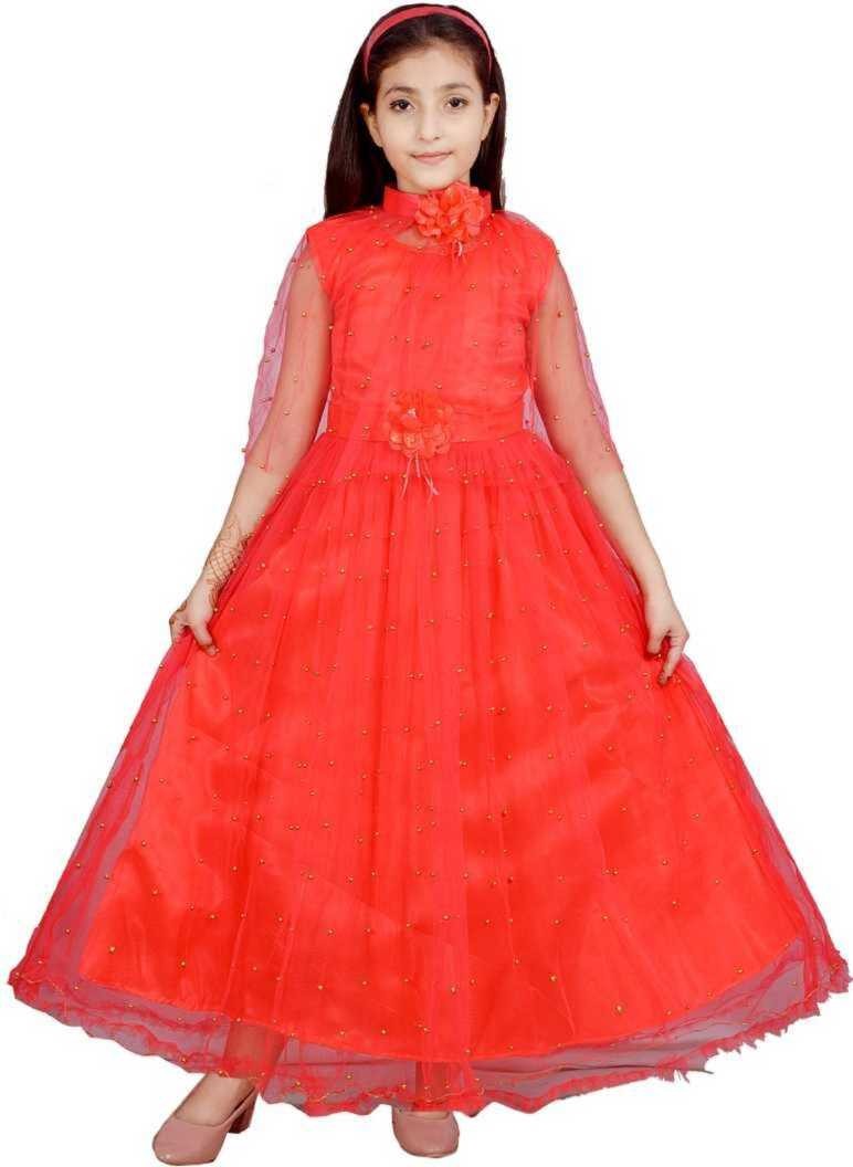 Girl's Pochu Style Net Blend Long Gown Dress Pack Of 1 ( Gajri )