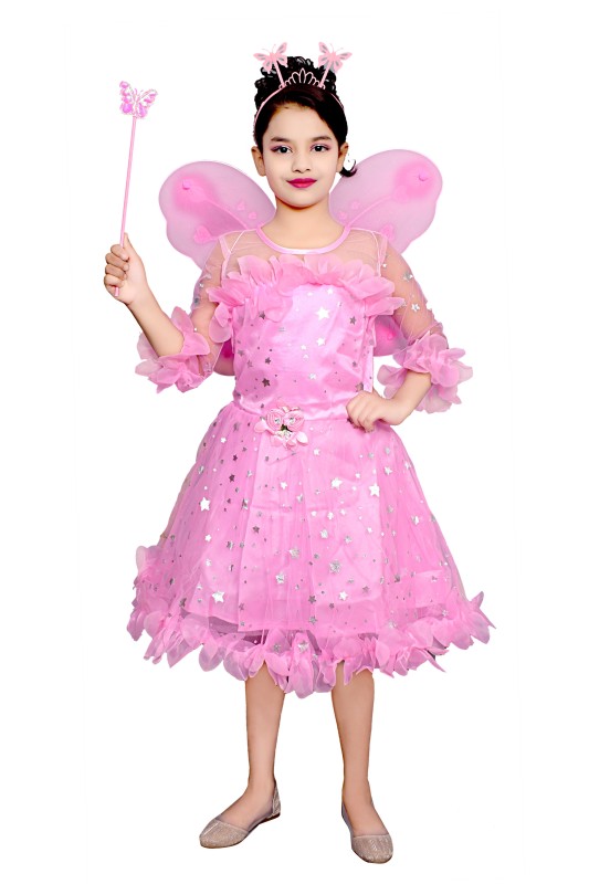 Girl's Star Print Knee Length Angel Frocks Inside Of Pack Wings , Stick And Hairband Pack Of 1 ( Pink )