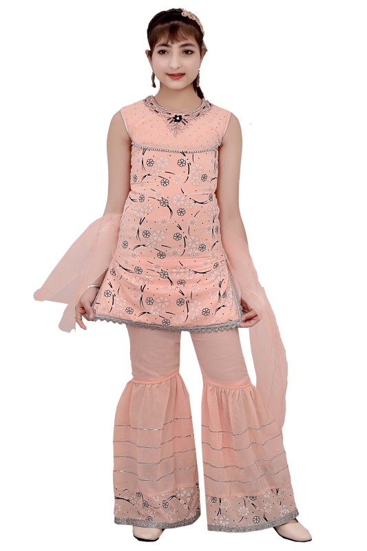 Girl's Silk Blend Kurti with Sharara and Dupatta Set Pack Of 1 ( Peach )