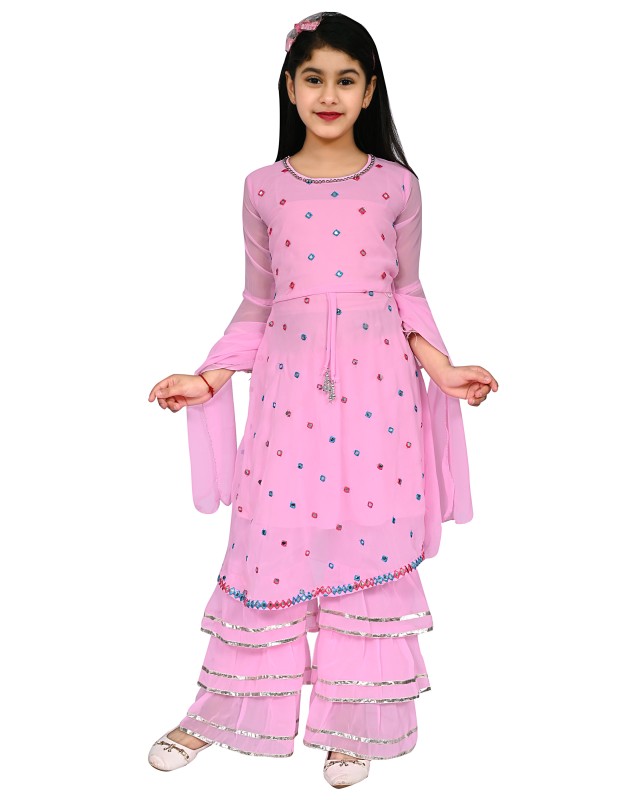 Girl's Georgette Mirror Work Kurtis And Palazzo Set Pack Of  1 ( Pink )